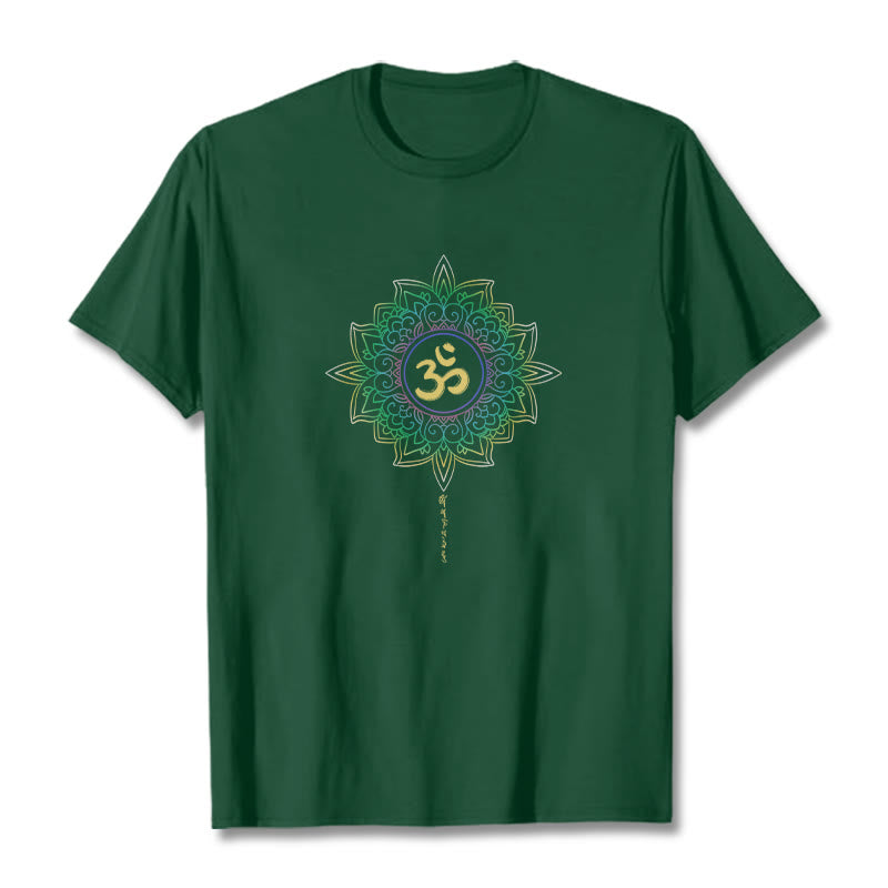 T-shirt en coton avec motif de lotus dégradé jaune vert et Buddha Stones OM - Vert forêt - 2XL - image 0