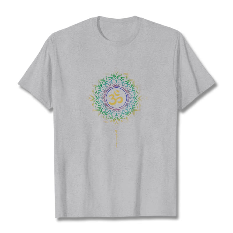 T-shirt en coton avec motif de lotus dégradé jaune vert et Buddha Stones OM