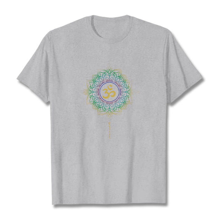 T-shirt en coton avec motif de lotus dégradé jaune vert et Buddha Stones OM