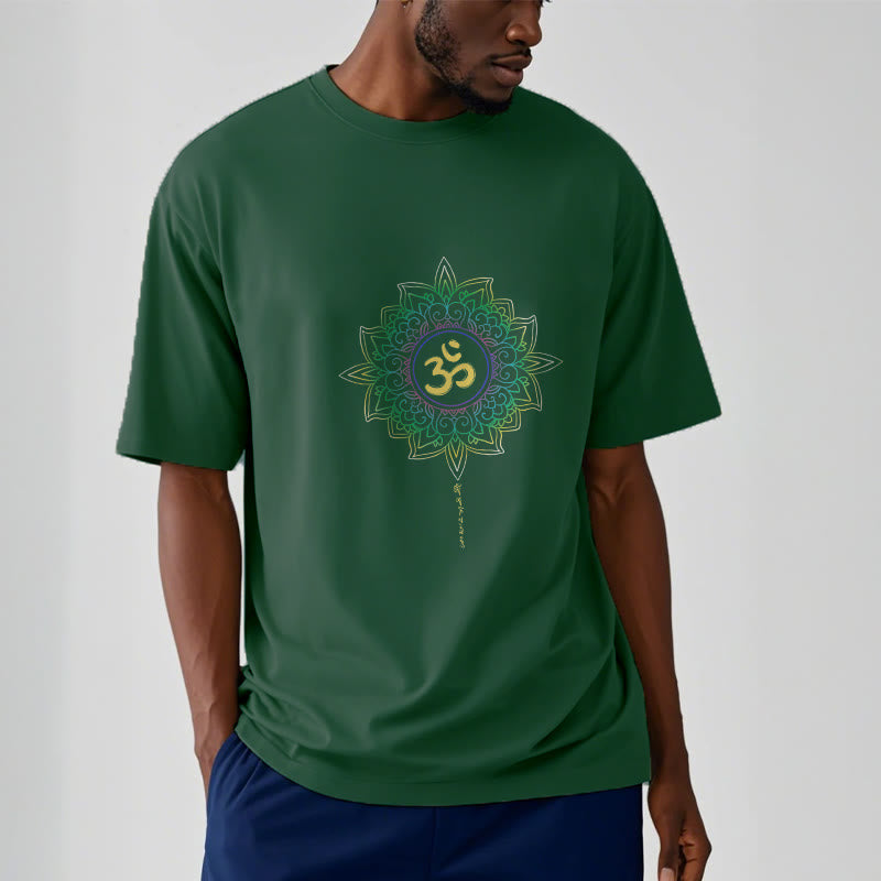 T-shirt en coton avec motif de lotus dégradé jaune vert et Buddha Stones OM