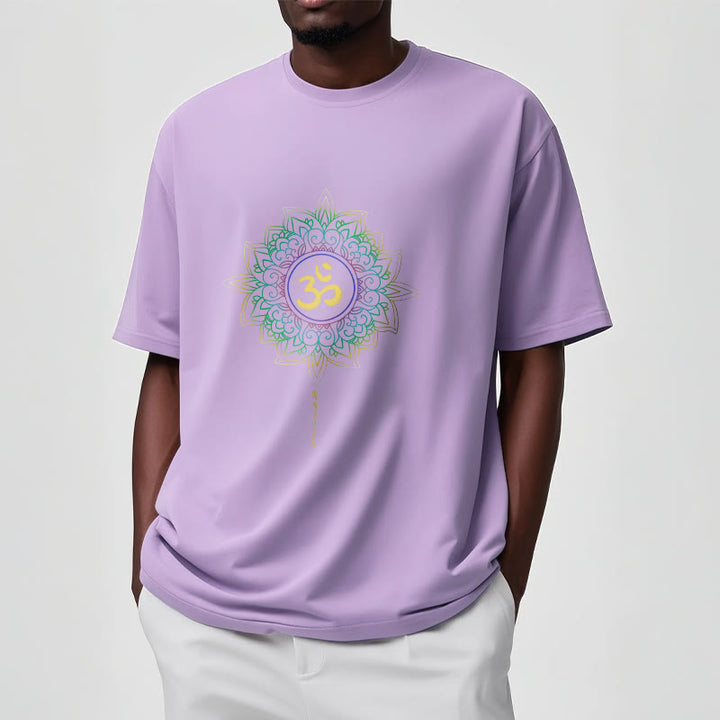 T-shirt en coton avec motif de lotus dégradé jaune vert et Buddha Stones OM