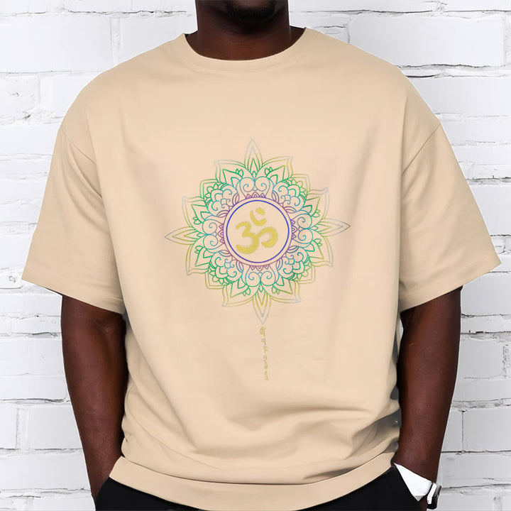 T-shirt en coton avec motif de lotus dégradé jaune vert et Buddha Stones OM