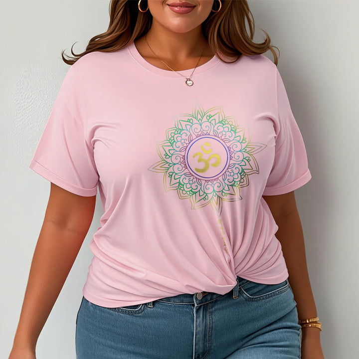 T-shirt en coton avec motif de lotus dégradé jaune vert et Buddha Stones OM