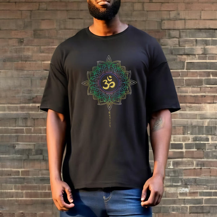 T-shirt en coton avec motif de lotus dégradé jaune vert et Buddha Stones OM