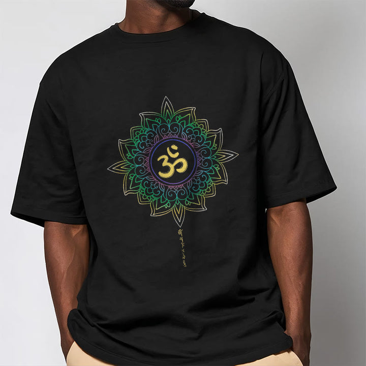 T-shirt en coton avec motif de lotus dégradé jaune vert et Buddha Stones OM