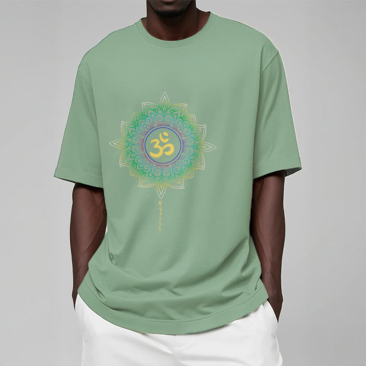 T-shirt en coton avec motif de lotus dégradé jaune vert et Buddha Stones OM