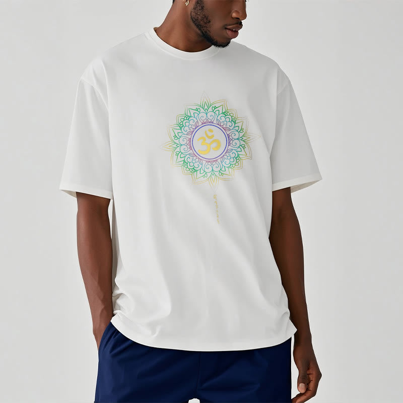 T-shirt en coton avec motif de lotus dégradé jaune vert et Buddha Stones OM
