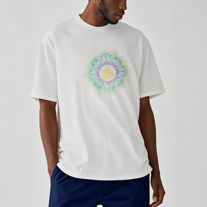 T-shirt en coton avec motif de lotus dégradé jaune vert et Buddha Stones OM