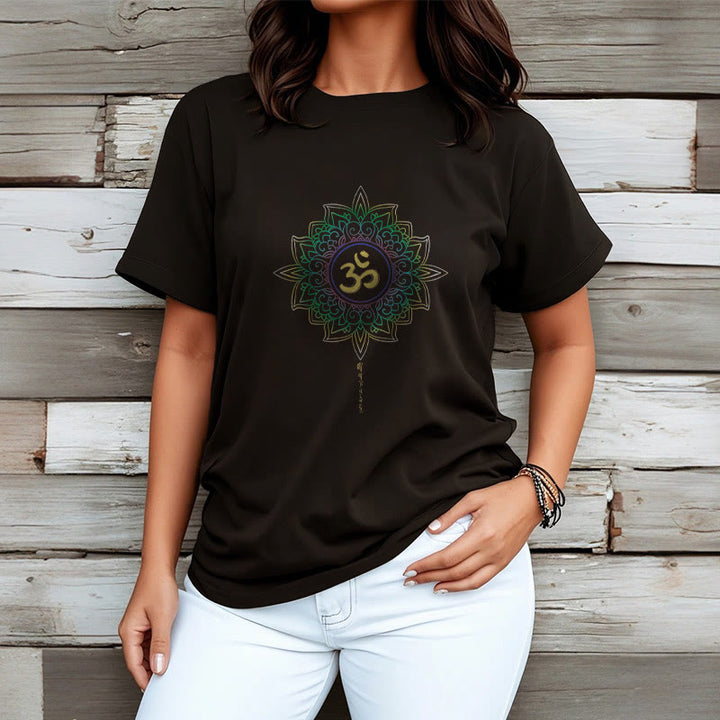 T-shirt en coton avec motif de lotus dégradé jaune vert et Buddha Stones OM