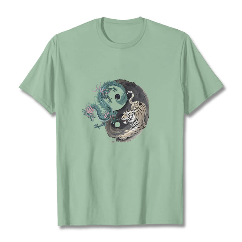 T-shirt en coton avec Buddha Stones , tigre, dragon, yin et yang - Vert pâle - 2XL - image 14
