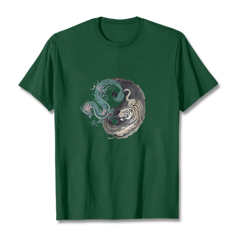 T-shirt en coton avec Buddha Stones , tigre, dragon, yin et yang - Vert forêt - 2XL - image 1