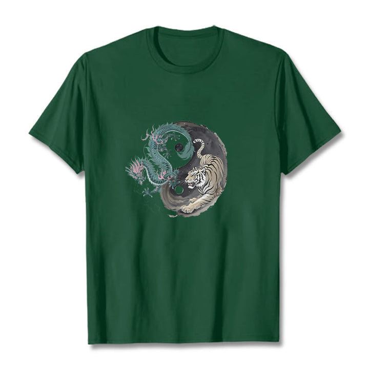 T-shirt en coton avec Buddha Stones , tigre, dragon, yin et yang - Vert forêt - 2XL - image 1