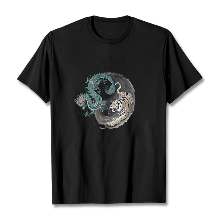 T-shirt en coton avec Buddha Stones , tigre, dragon, yin et yang - Noir - 2XL - image 4