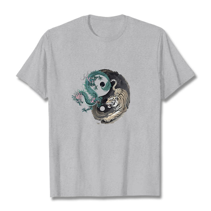 T-shirt en coton avec Buddha Stones , tigre, dragon, yin et yang - Gris clair - 2XL - image 0