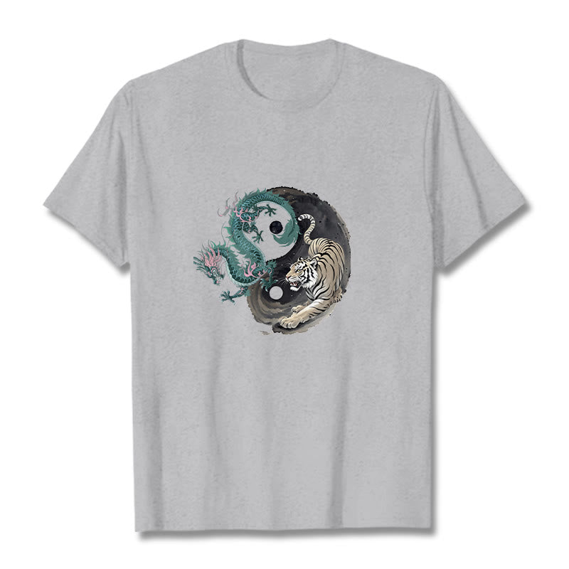 T-shirt en coton avec Buddha Stones , tigre, dragon, yin et yang - Gris clair - 2XL - image 1