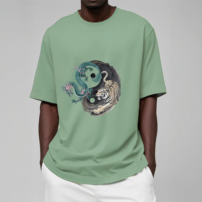 T-shirt en coton avec Buddha Stones , tigre, dragon, yin et yang
