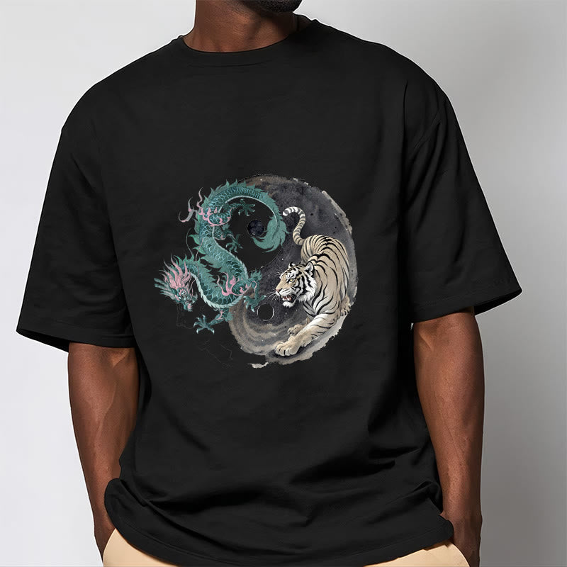 T-shirt en coton avec Buddha Stones , tigre, dragon, yin et yang