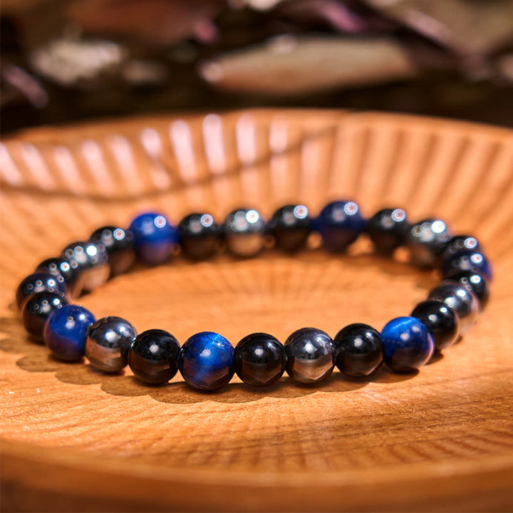 Bracelet de sérénité en pierre de Bouddha, cristaux variés, malachite, lazurite, lapis-lazuli et hémimorphite - Lazurite, œil de tigre, obsidienne, hématite (Tour de poignet : 14-18 cm) - image 75