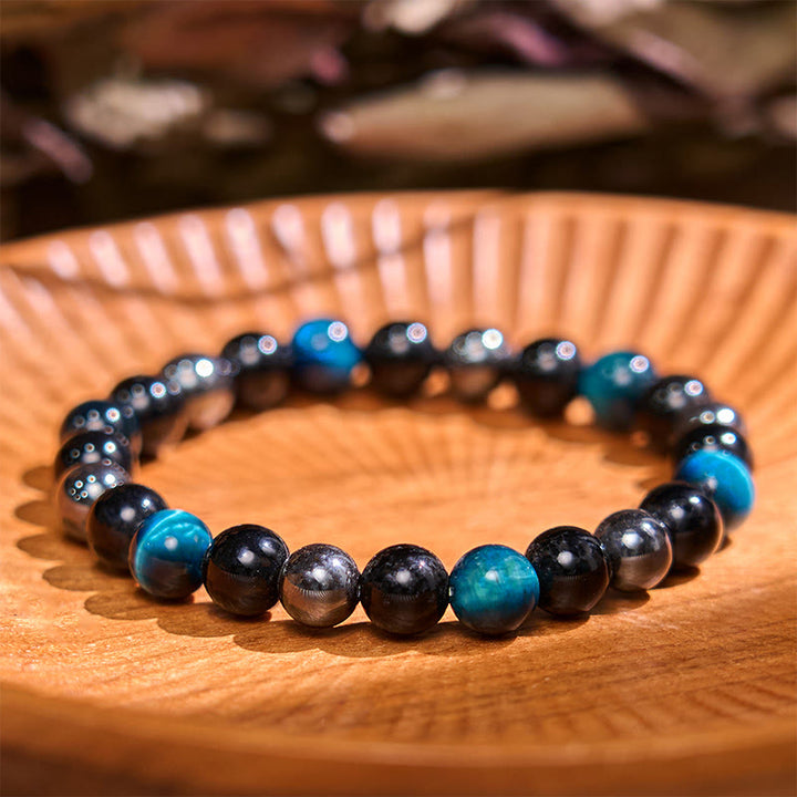 Bracelet de sérénité en pierre de Bouddha, cristaux variés, malachite, lazurite, lapis-lazuli et hémimorphite - Hématite œil de tigre bleue en obsidienne (tour de poignet : 14-18 cm) - image 77