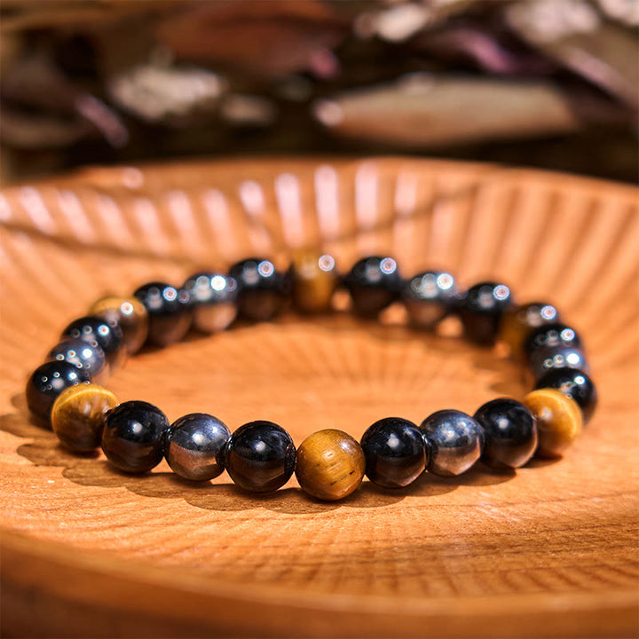 Bracelet de sérénité en pierre de Bouddha, cristaux variés, malachite, lazurite, lapis-lazuli et hémimorphite - Obsidienne œil de tigre jaune et hématite (Tour de poignet : 14-18 cm) - image 69