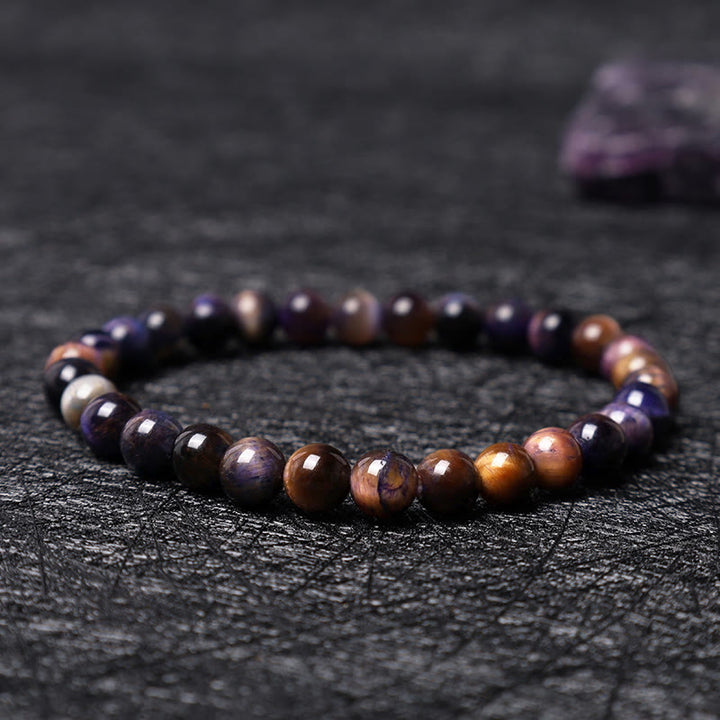 Bracelet de sérénité en pierre de Bouddha, cristaux variés, malachite, lazurite, lapis-lazuli et hémimorphite - Œil de tigre violet (Tour de poignet : 14-16 cm) - image 119