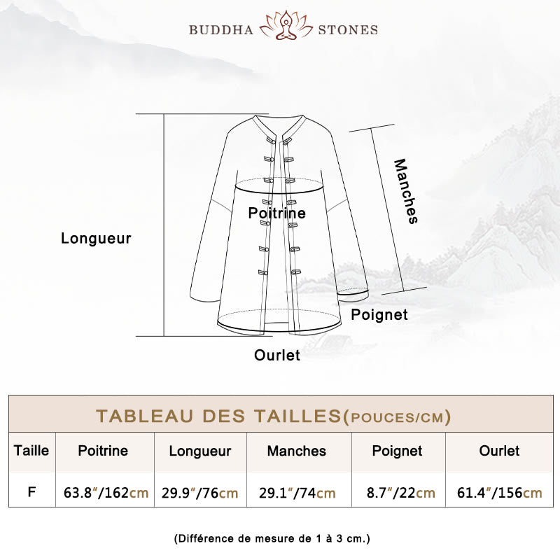Veste ouverte à manches longues et boutons grenouille avec Buddha Stones et teinture par nouage pour méditation zen