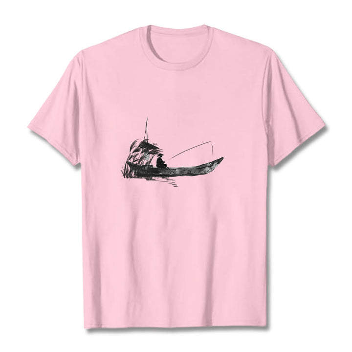 T-shirt en coton à Buddha Stones, bateau, pêche, herbe - Rose clair - 2XL - image 18