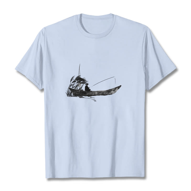 T-shirt en coton à Buddha Stones, bateau, pêche, herbe - Cyan clair - 2XL - image 16