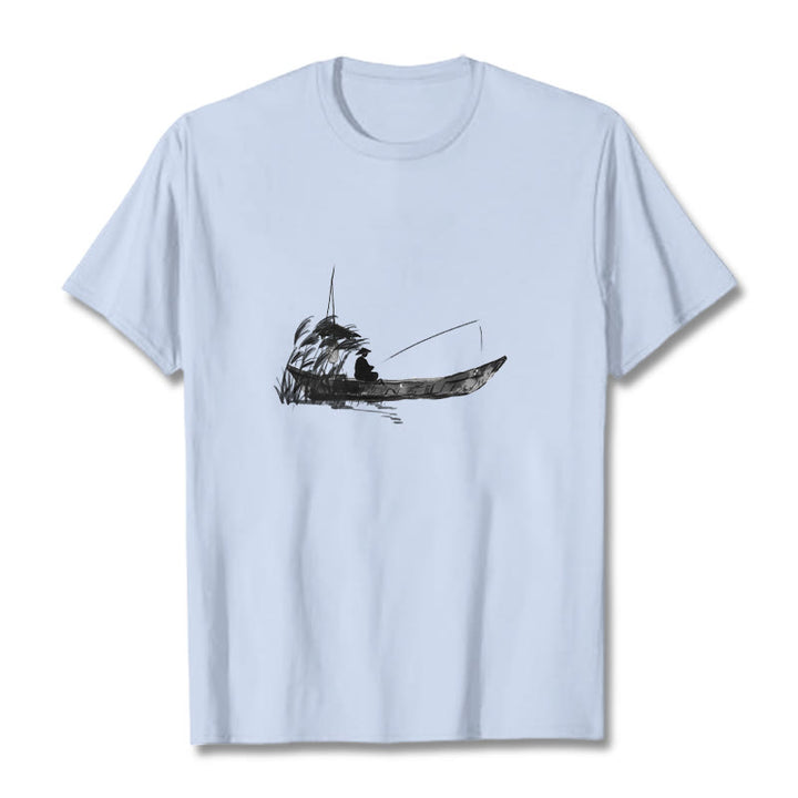 T-shirt en coton à Buddha Stones, bateau, pêche, herbe - Cyan clair - 2XL - image 16