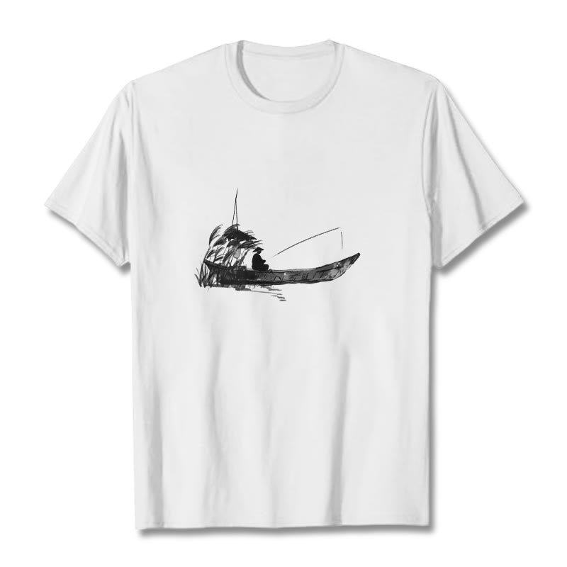 T-shirt en coton à Buddha Stones, bateau, pêche, herbe - Blanc - 2XL - image 5