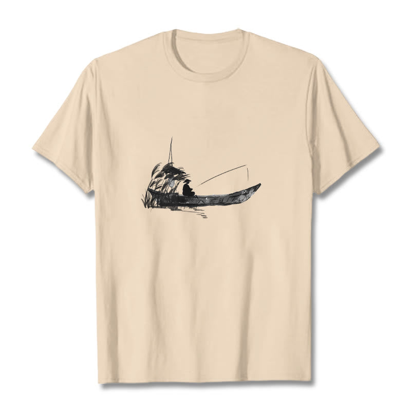 T-shirt en coton à Buddha Stones, bateau, pêche, herbe - Bisque - 2XL - image 8