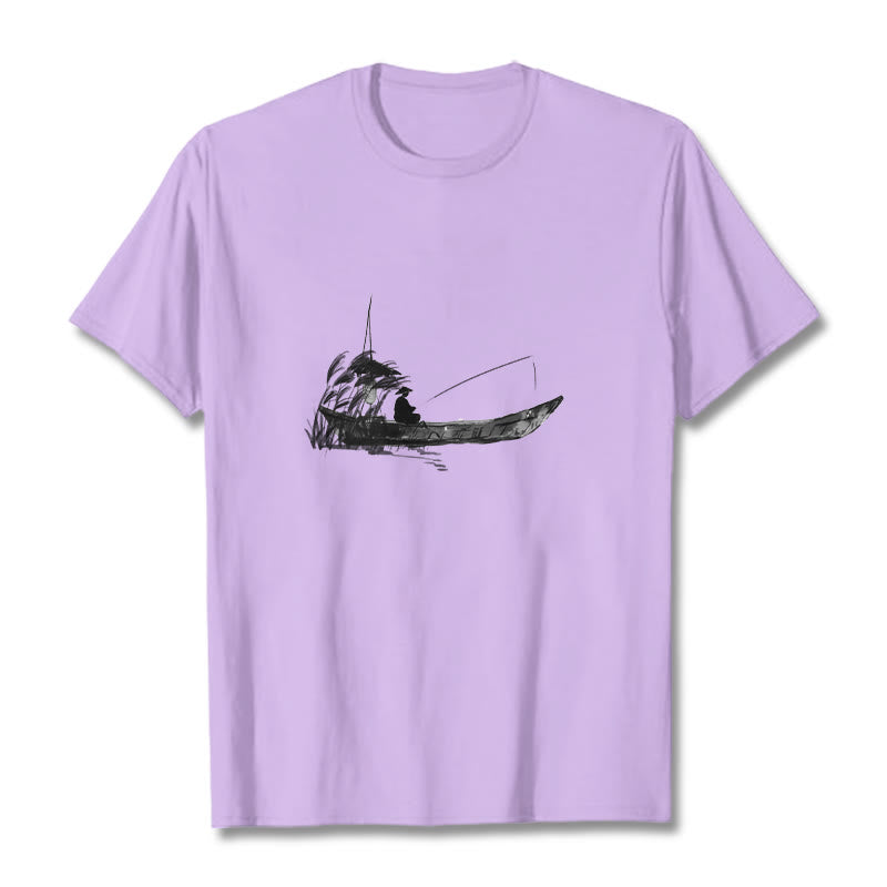 T-shirt en coton à Buddha Stones, bateau, pêche, herbe - Prune - 2XL - image 9