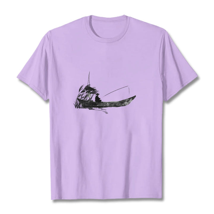 T-shirt en coton à Buddha Stones, bateau, pêche, herbe - Prune - 2XL - image 9