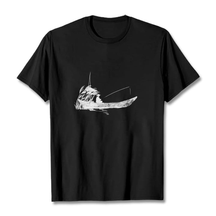T-shirt en coton à Buddha Stones, bateau, pêche, herbe - Noir - 2XL - image 12