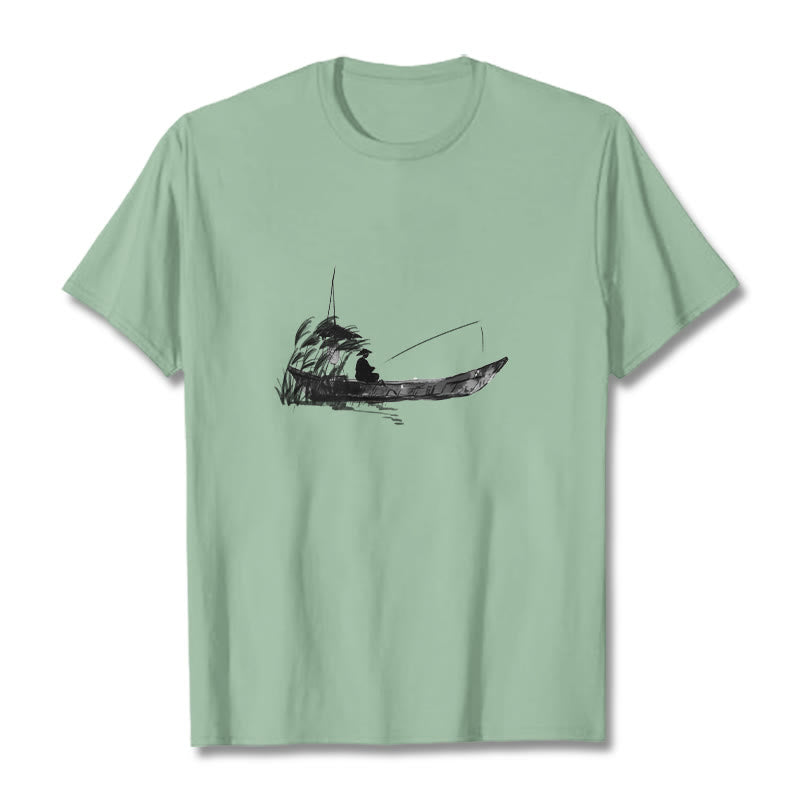 T-shirt en coton à Buddha Stones, bateau, pêche, herbe - Vert pâle - 2XL - image 17