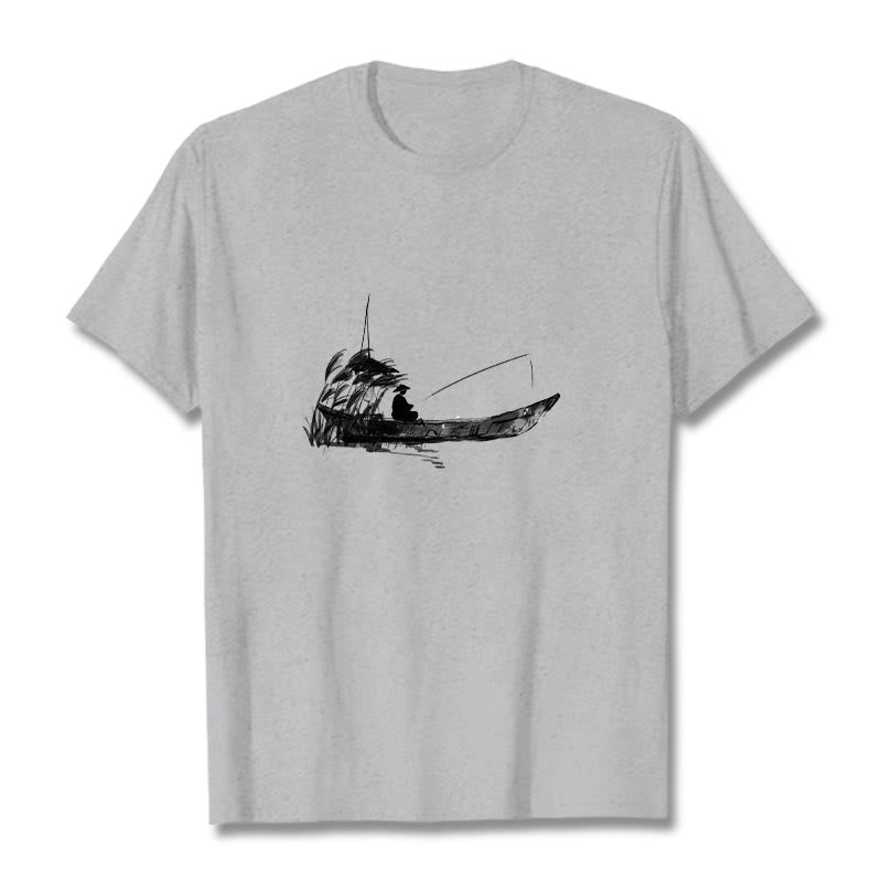 T-shirt en coton à Buddha Stones, bateau, pêche, herbe - Gris clair - 2XL - image 1