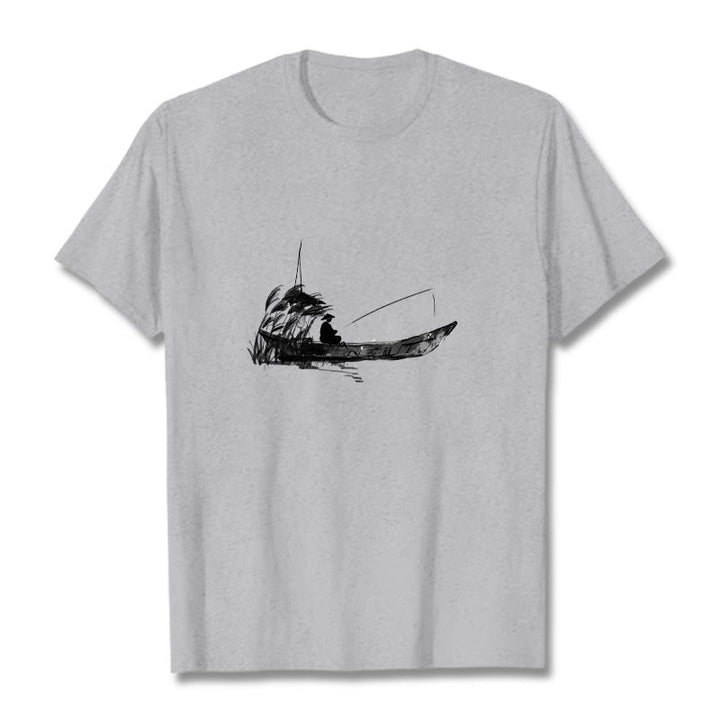T-shirt en coton à Buddha Stones, bateau, pêche, herbe - Gris clair - 2XL - image 1