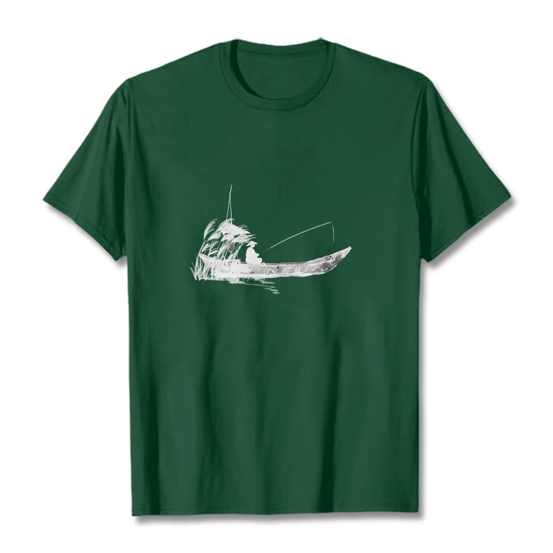 T-shirt en coton à Buddha Stones, bateau, pêche, herbe - Vert forêt - 2XL - image 2