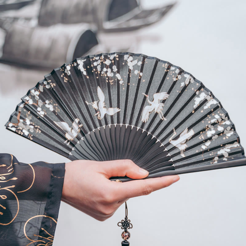 Éventail pliable en bambou à main en soie avec grue en fleurs de prunier et Buddha Stones