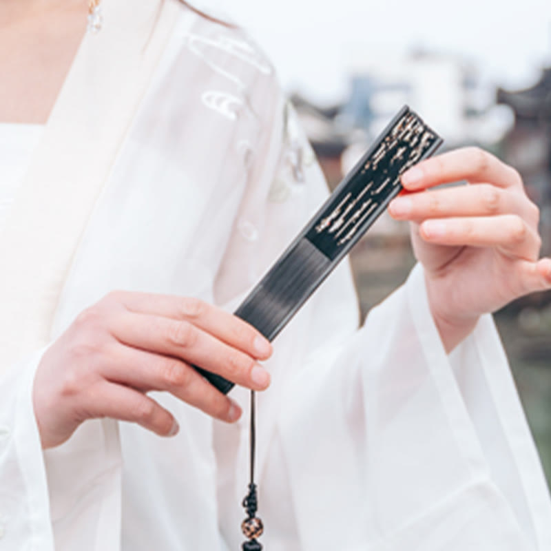 Éventail pliable en bambou à main en soie avec grue en fleurs de prunier et Buddha Stones