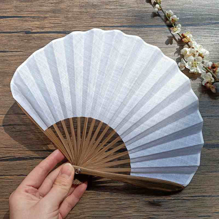 Éventail pliable en bambou à main en forme de coquillage de couleur unie rétro avec Buddha Stones - Blanc 22 cm - image 13