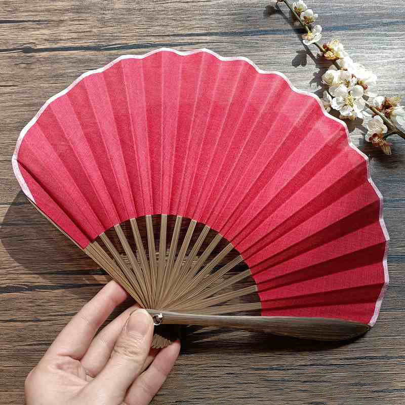 Éventail pliable en bambou à main en forme de coquillage de couleur unie rétro avec Buddha Stones - Rouge 22 cm - image 19