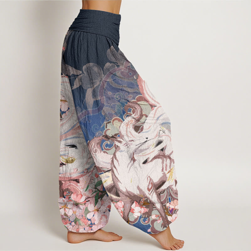 Pantalon harem à taille élastique pour femme, en coton, motif renard et fleurs de cerisier, avec Buddha Stones - image 1