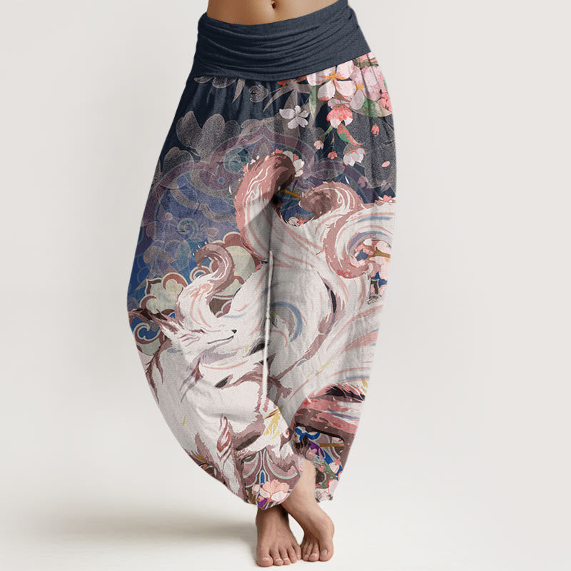 Pantalon harem à taille élastique pour femme, en coton, motif renard et fleurs de cerisier, avec Buddha Stones - Bleu nuit - US22，UK/AU26，EU54 (6XL) - image 0