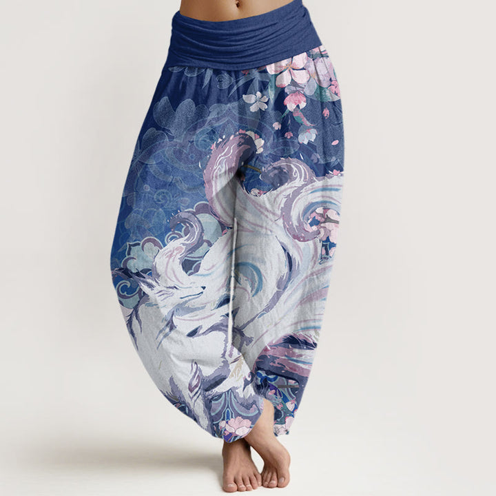 Pantalon sarouel taille élastique pour femme Buddha Stones Fox Cherry Blossoms - Marine - US22，UK/AU26，EU54 (6XL) - image 8