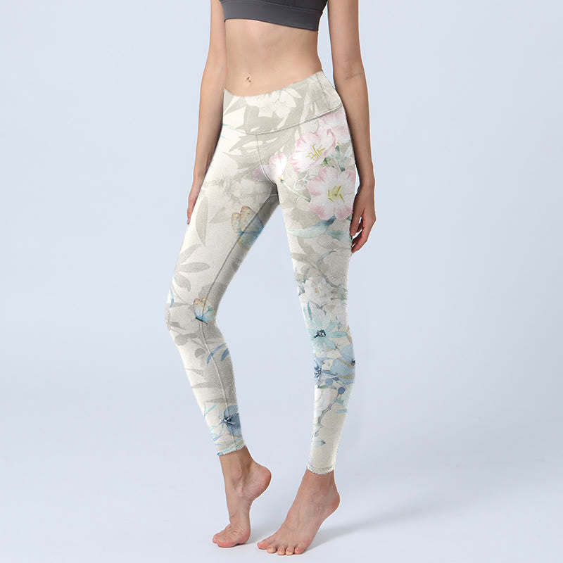 Leggings de sport à imprimé Buddha Stones Cherry Blossom Butterfly pour femme - Beige - US18，UK/AU22，EU50 (4XL) - image 1
