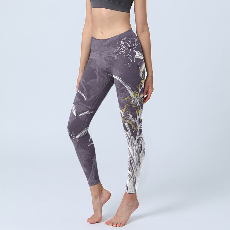 Leggings de sport pour femmes Buddha Stones et fleurs d'orchidées et roses - Gris terne - US18，UK/AU22，EU50 (4XL) - image 0