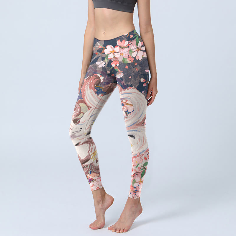 Leggings de sport Buddha Stones Fox Cherry Blossoms Pantalons de yoga pour femmes - Bleu nuit - US18，UK/AU22，EU50 (4XL) - image 0
