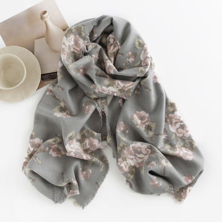 Écharpe enveloppante confortable pour l'automne et l'hiver Buddha Stones et fleurs de roses tibétaines  - Gris clair Brume Rose 200*60cm - image 24
