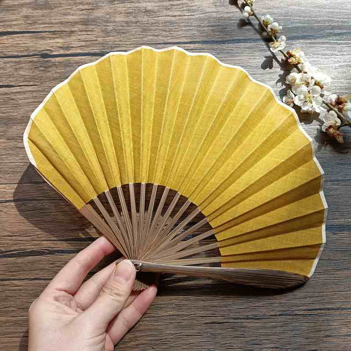 Éventail pliable en bambou à main en forme de coquillage de couleur unie rétro avec Buddha Stones - Or 22 cm - image 21